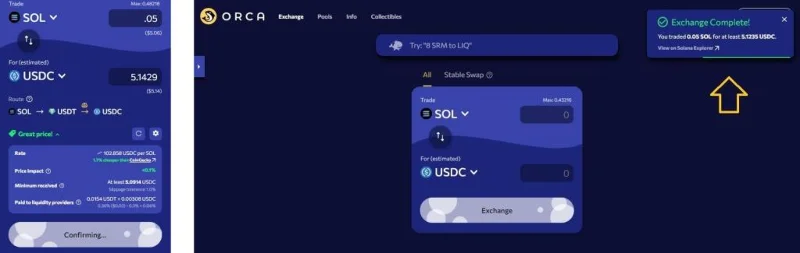 Confirmation de l'échange sur Orca DEX