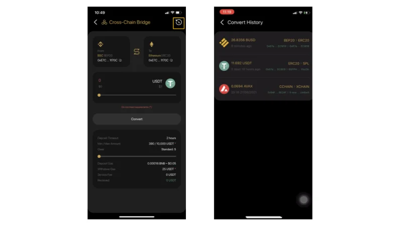 Instructies om BEP20-, TRC20-tokens om te zetten in SPL-tokens en vice versa op Coin98 Wallet