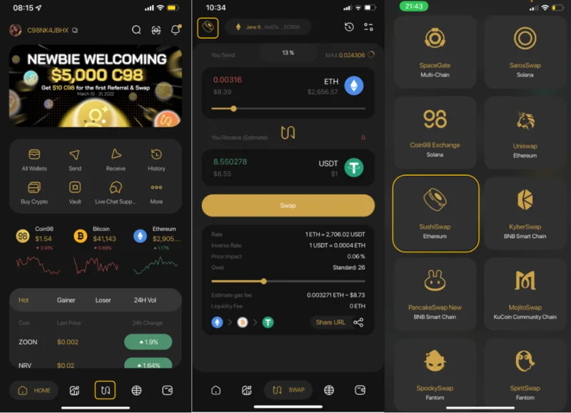 Instrucțiuni pentru utilizarea SushiSwap direct pe Coin98 Super App