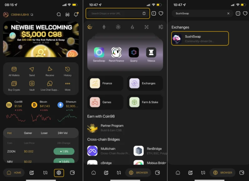 Instrucțiuni pentru utilizarea SushiSwap direct pe Coin98 Super App