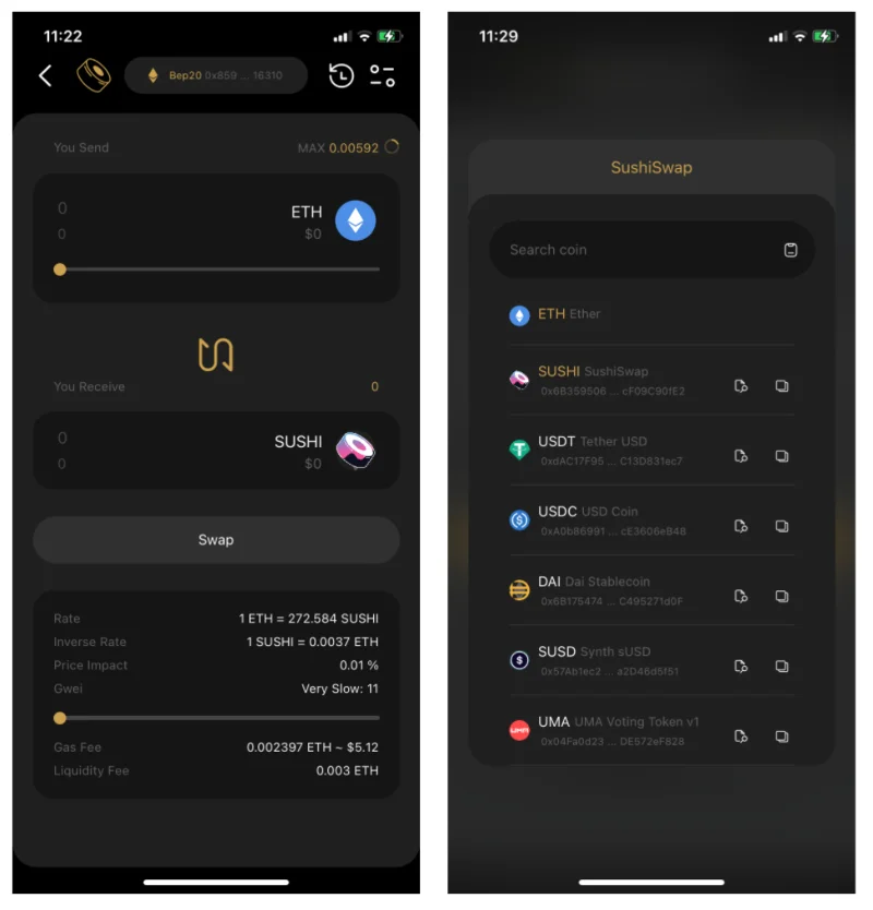 Instrucțiuni pentru utilizarea SushiSwap direct pe Coin98 Super App