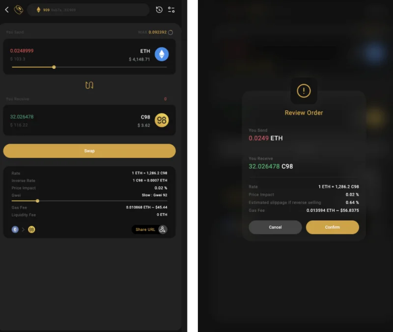 Instrucțiuni pentru utilizarea SushiSwap direct pe Coin98 Super App