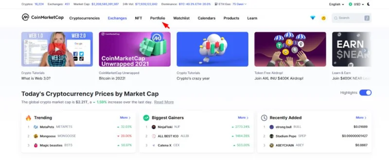 Portafolio en CoinMarketCap