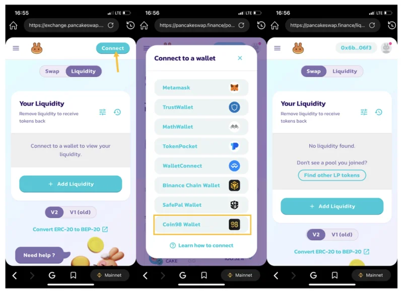 دليل AZ حول كيفية استخدام PancakeSwap على تطبيق Coin98 Super