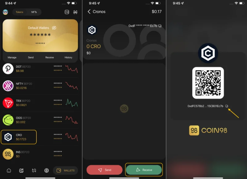 Interfaz de Coin98 Super App para almacenar CRO