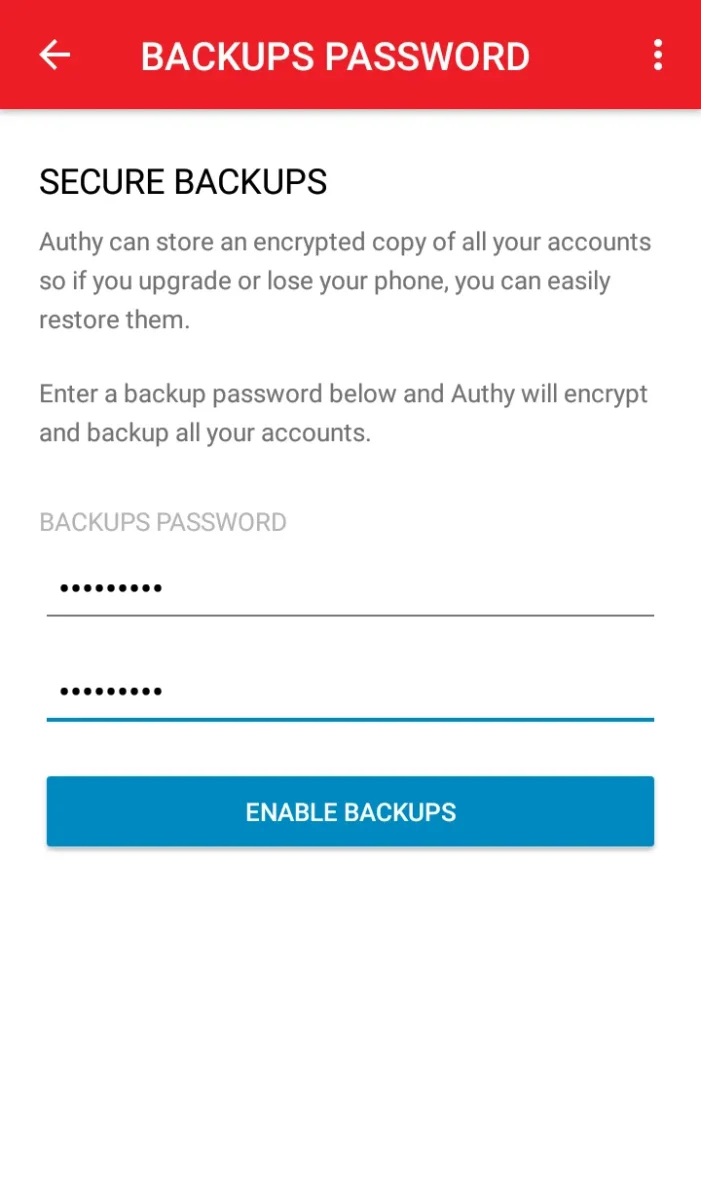 Pilih kata sandi cadangan Authy