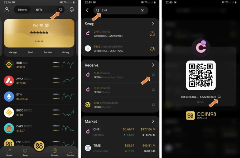 Almacenamiento de CHR en Coin98 Wallet