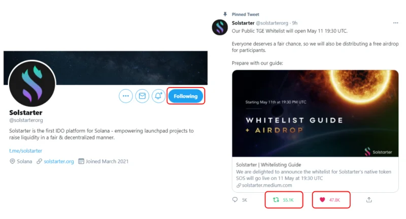 Instrucciones para registrarse en una lista blanca para comprar IDO y recibir Airdrop Solstarter (SOS)