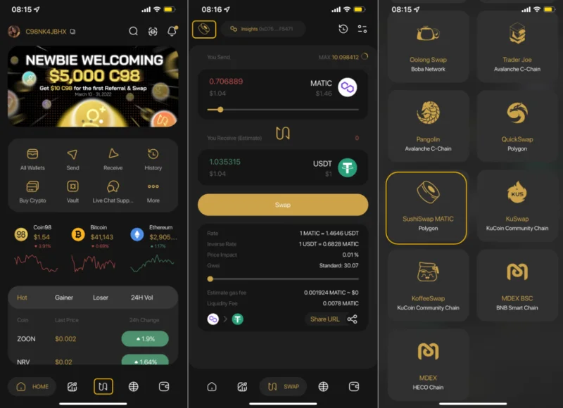 Instrucțiuni pentru utilizarea SushiSwap direct pe Coin98 Super App