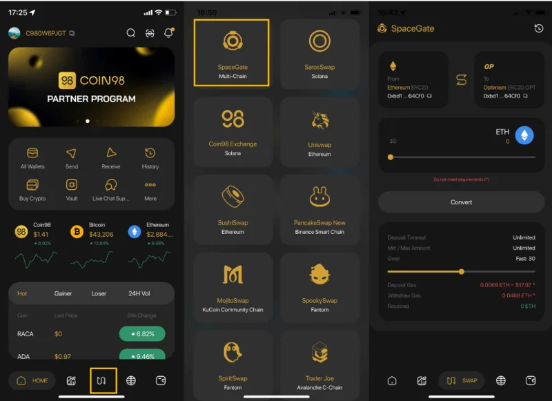 Instrucciones para convertir tokens entre cadenas a través de SpaceGate de Coin98 Super App