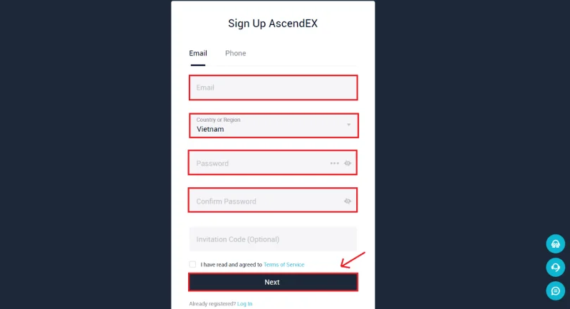 Proses pendaftaran akun AscendEX