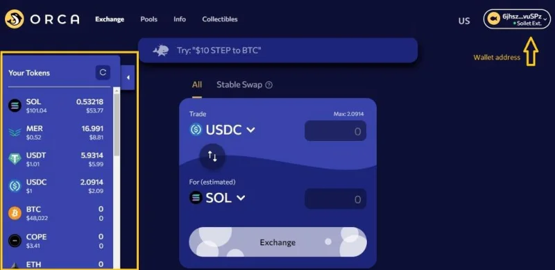 Portefeuille connecté à Orca DEX