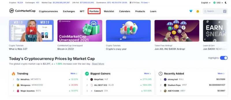 Crearea portofoliului pe CoinMarketCap