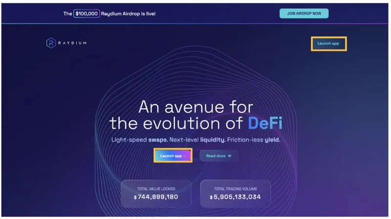 Cómo usar Raydium Exchange (RAY): interfaz de inicio