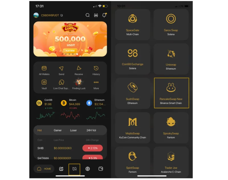 دليل AZ حول كيفية استخدام PancakeSwap على تطبيق Coin98 Super