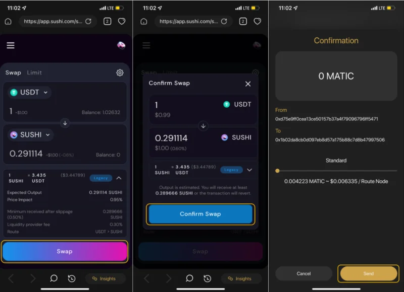 Instrucțiuni pentru utilizarea SushiSwap direct pe Coin98 Super App