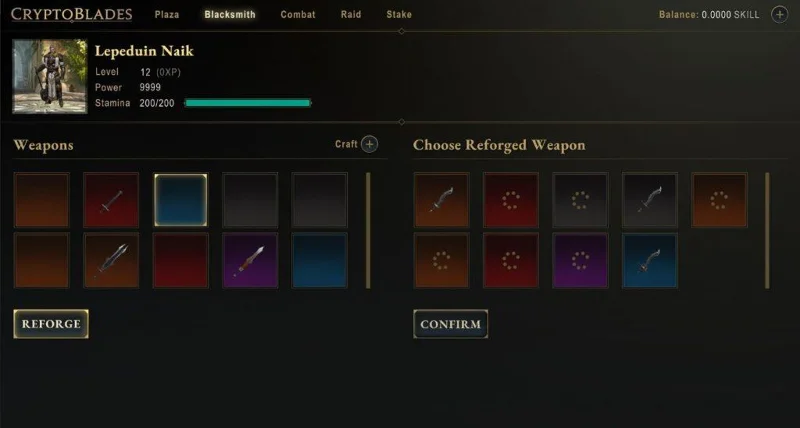 Interfaz para forjar armas en CryptoBlades